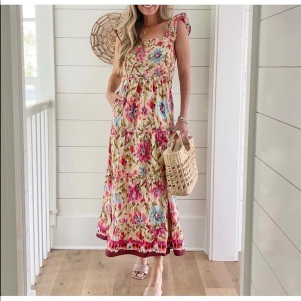 NWT HOUSE OF HARLOW 1960 Zoey Khaki Ruched Flutter Smocked Maxi Dress size M